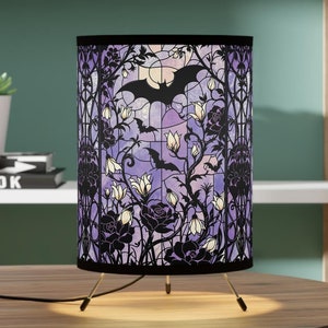 Purple Bat Mosaic Stained Glass Table Lamp with Printed Shade, USCA plug, Gothic Home Decor, Witchy Lighting for Bedroom Living Room