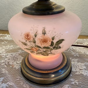 Vintage Hand-Painted Milk Glass Lamp: Pink Floral Design, Brass Base
