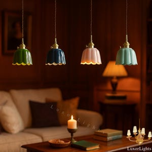 Ceramic Pendant Light – Scalloped Lampshade in Powder Green, Sakura Pink, Royal Blue & Green Glaze, Vintage Brass Ceiling Lamp