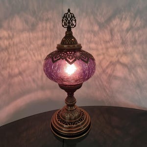 Free UK/EU Led Bulb, Turkish Moroccan Style Crackle Red/ Purple/ Aubergine Glass Desk Table Lamp, Statement Light Lamp, Christmas Gift