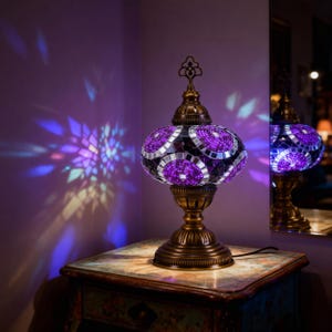 Purple Turkish Mosaic Table Lamp – Handmade Boho Desk Light