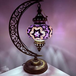 Handmade Purple Turkish Lamp – Mosaic Moon Lantern, Boho Decor